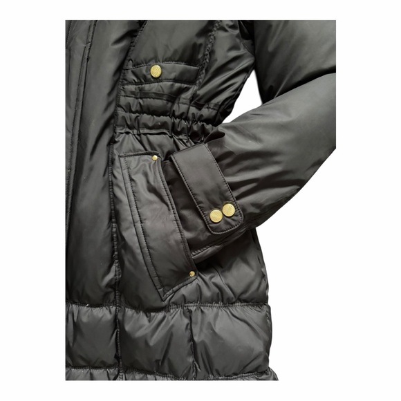 Cole Haan Signature Black Down Puffer Coat Cinch Waist Gold Hardware Hooded - Picture 4 of 6